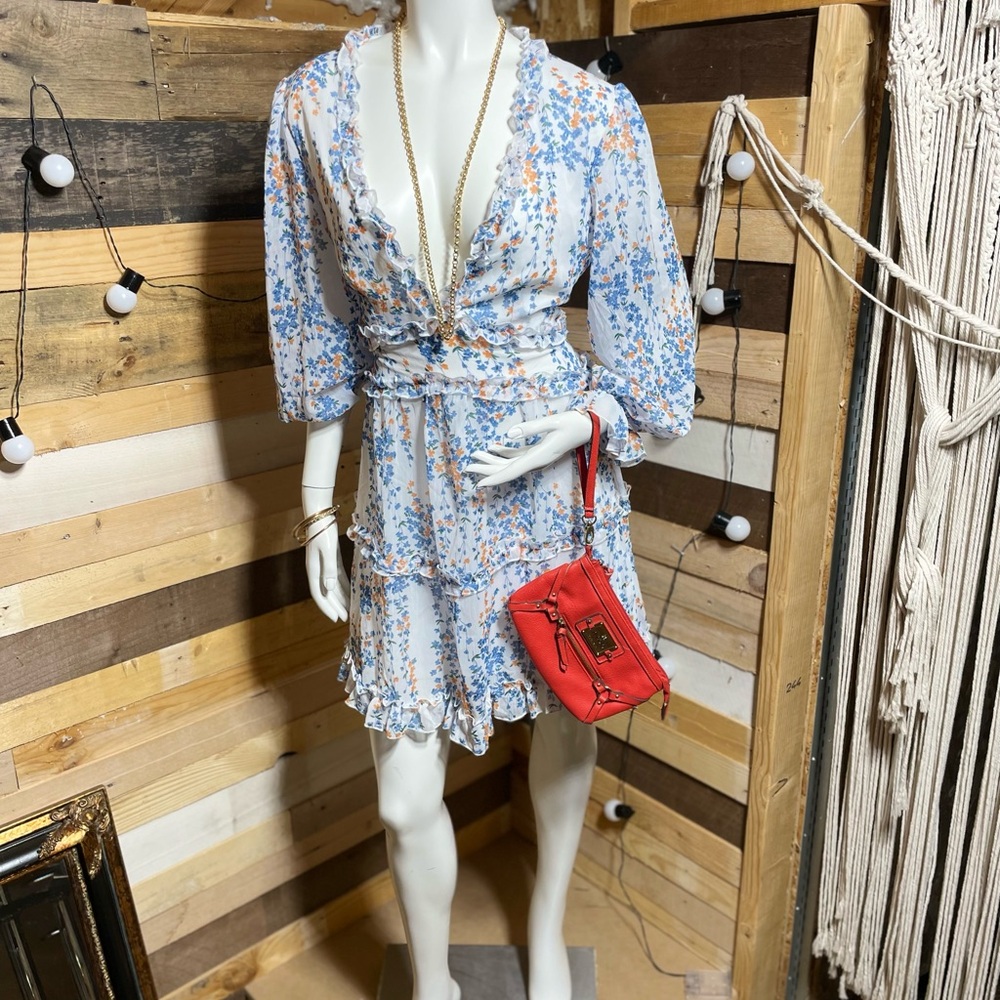 Elegant Floral Backless Dress - Blue and Orange - Picture 2 of 4